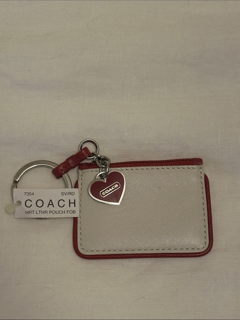 Coach White Leather Pouch Fob Keychain with Red Trim & Heart Charm